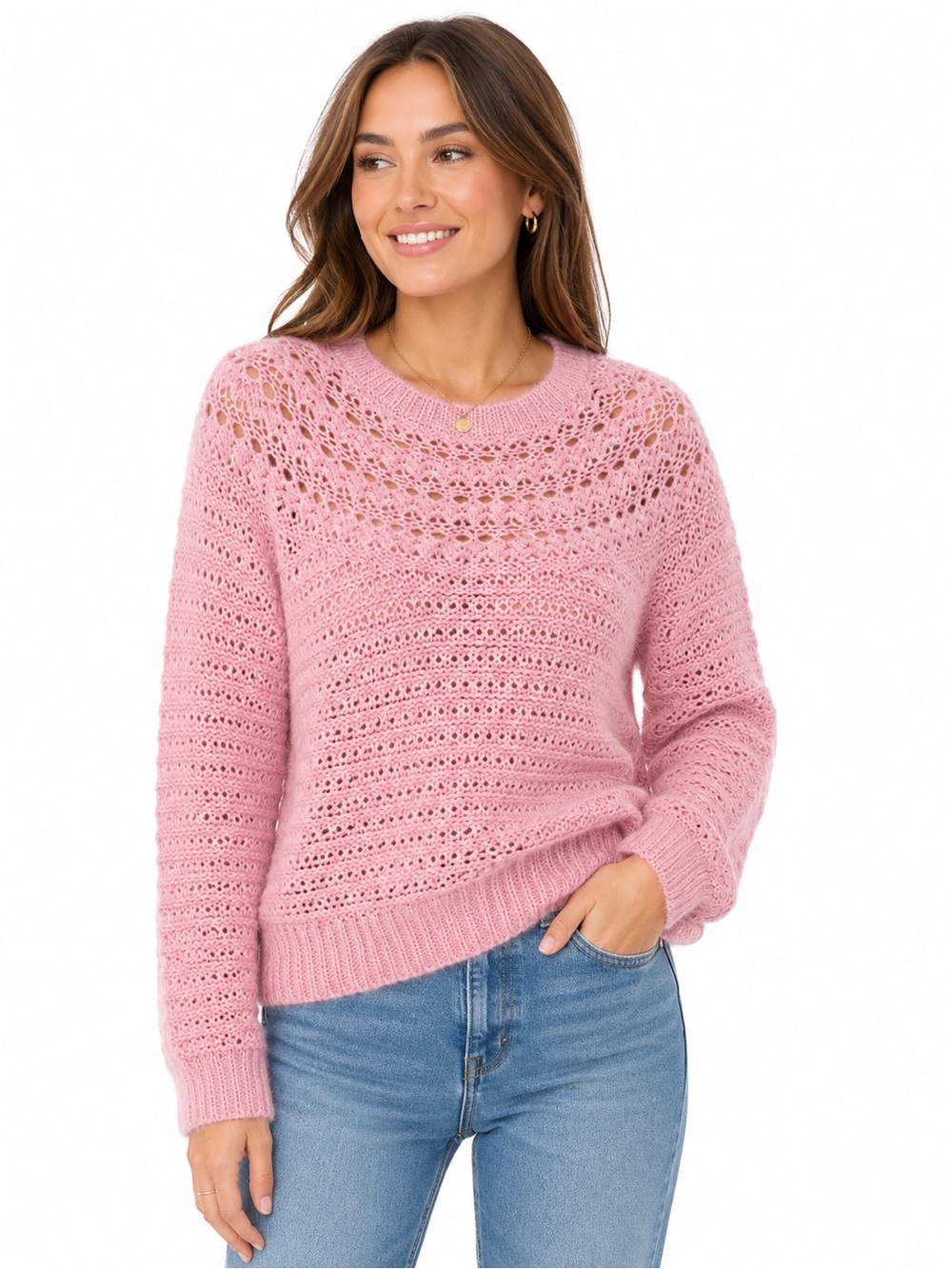 Lauren Ralph Lauren Pink Open Knit Alpaca Wool Sweater L Cozy Pullover